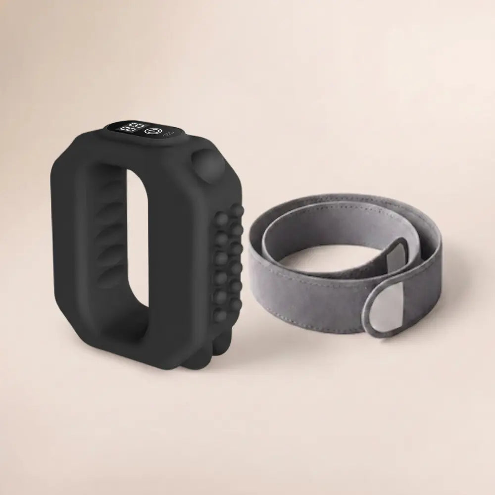 Black hands-free fascia ring massager with adjustable strap